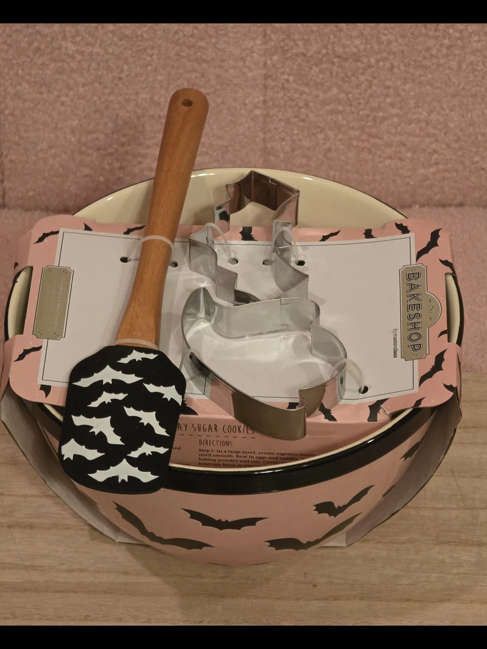 The Bakeshop Pink Bat-Print Mixing Bowl with Utensils